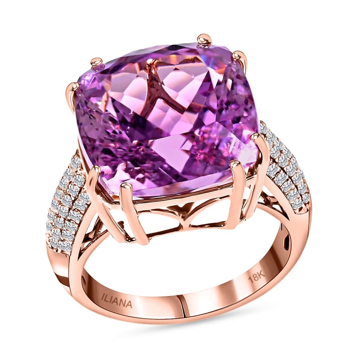 Certified & Appraised ILIANA 18K Rose Gold AAA Patroke Kunzite, Diamond (G-H, SI) Ring (Size 7.0) (6.45 g) 16.90 ctw