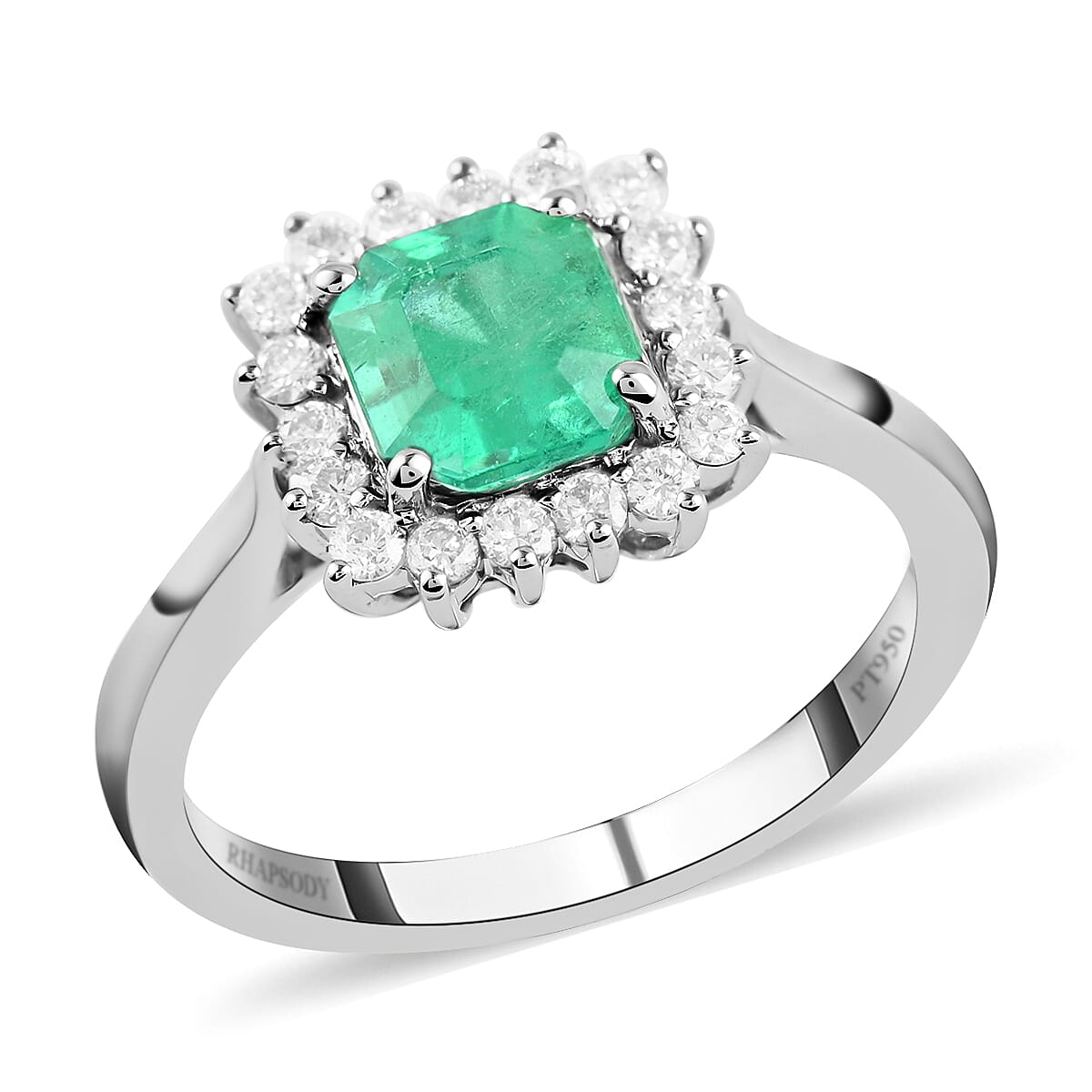 Certified and Appraised RHAPSODY 950 Platinum AAAA Colombian Emerald and E-F VS Diamond Sunburst Ring 5 Grams 1.35 ctw