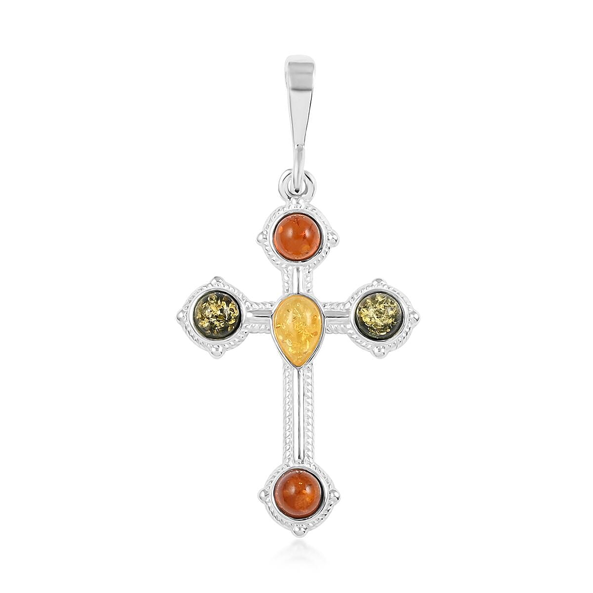 Multi Color Amber Cross Pendant in Sterling Silver