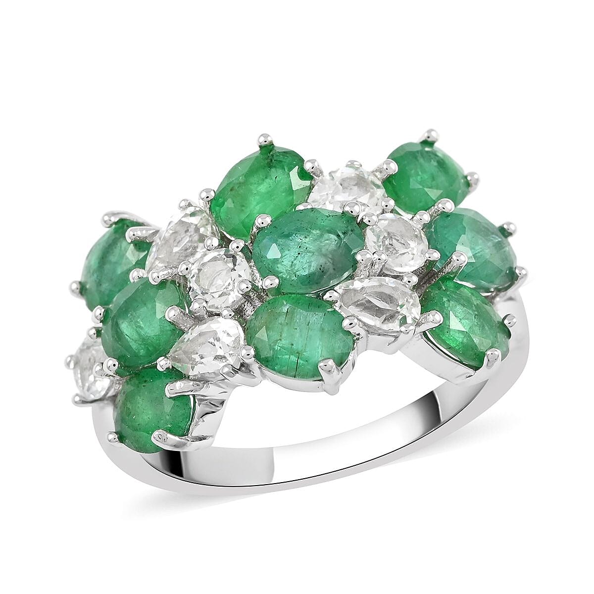 AAA Kagem Zambian Intense Green Emerald and White Topaz Ring in Rhodium Over Sterling Silver 4.20 ctw