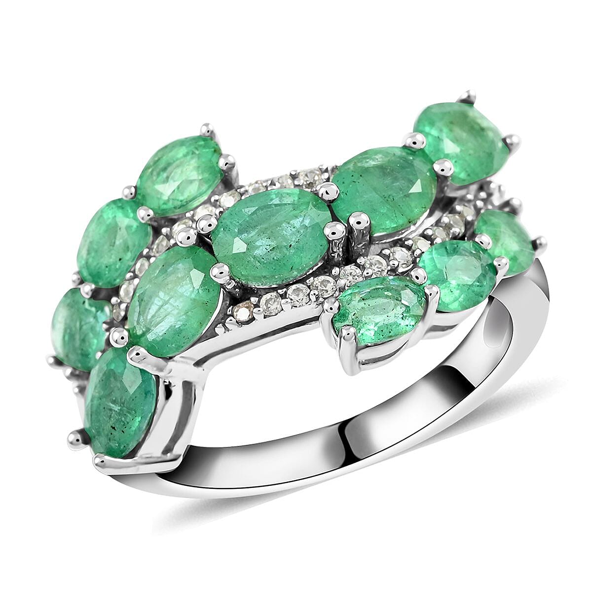 AAA Kagem Zambian Intense Green Emerald and Natural White Zircon Ring in Rhodium Over Sterling Silver 2.75 ctw