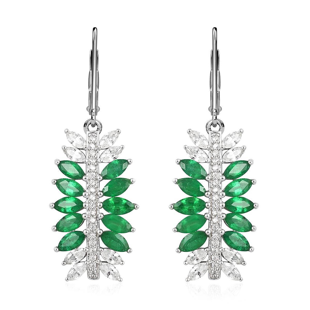 AAA Kagem Emerald and White Zircon Lever Back Earrings in Rhodium Over Sterling Silver 4.30 ctw