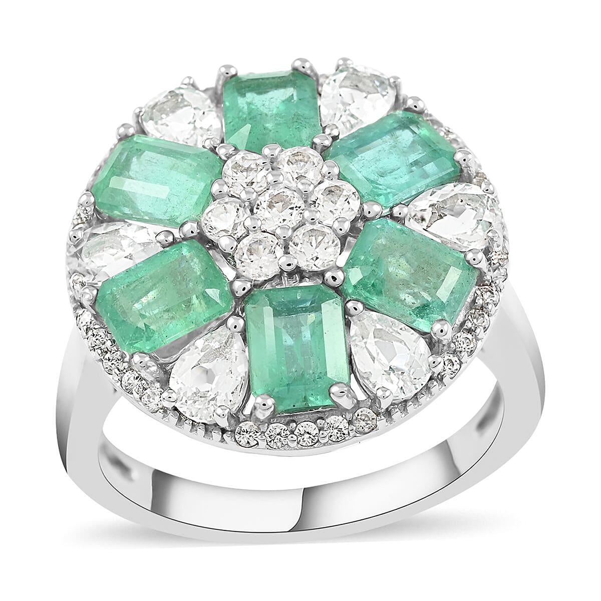 AAA Kagem Zambian Intense Green Emerald and Multi Gemstone Floral Ring in Rhodium Over Sterling Silver (Size 6.0) 4.35 ctw