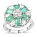 AAA Kagem Zambian Intense Green Emerald and Multi Gemstone Floral Ring in Rhodium Over Sterling Silver (Size 6.0) 4.35 ctw - Sticky add to cart bar