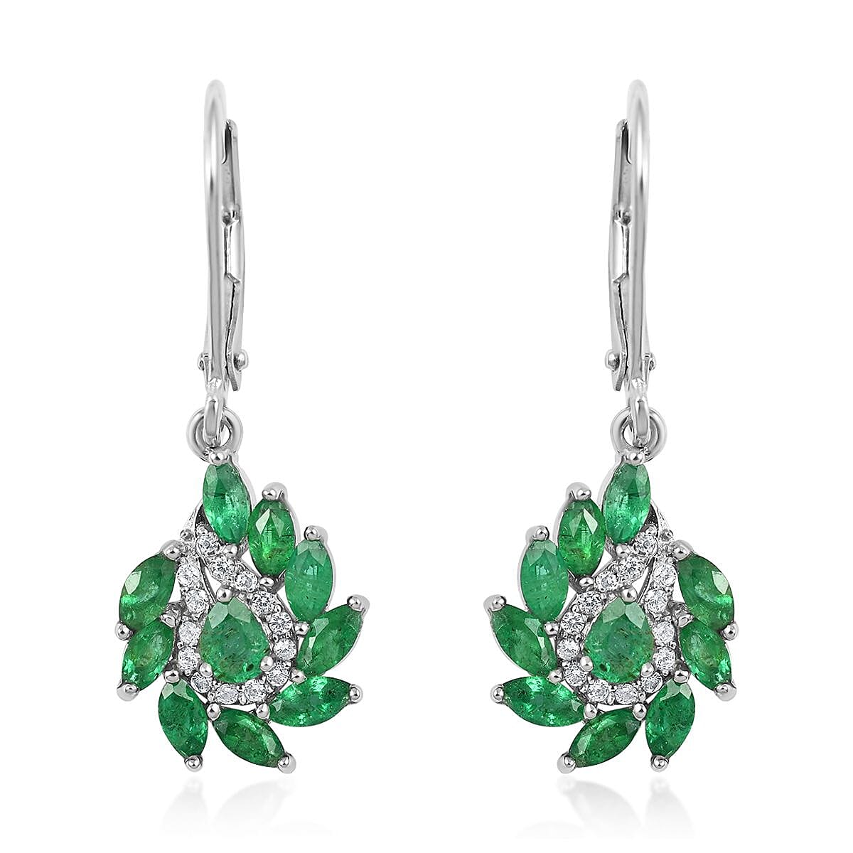 AAA Kagem Emerald and White Zircon Lever Back Earrings in Rhodium Over Sterling Silver 1.75 ctw