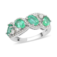 AAA Kagem Zambian Intense Green Emerald, Natural White Zircon Ring in Rhodium Over Sterling Silver (Size 6.0) 2.35 ctw
