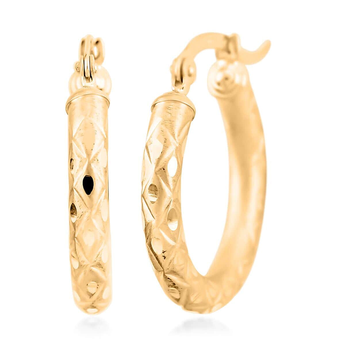 14K Yellow Gold Rhombus Diamond-Cut Hoop Earrings 1.2 Grams