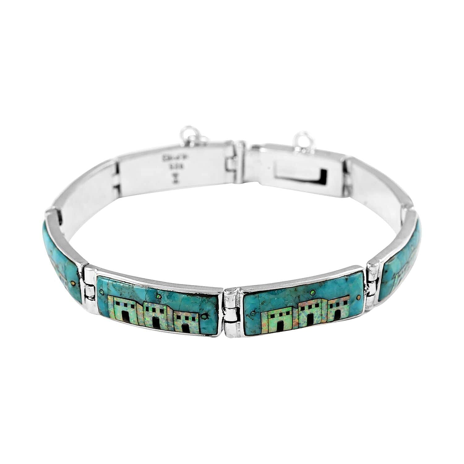 SANTA FE Style Kingman Turquoise and Lab Created Opal Bracelet in Sterling Silver (7.00 In) 17.25 Grams 35.20 ctw