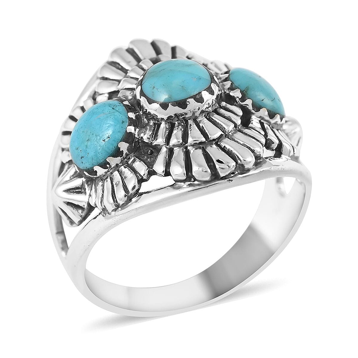 SANTA FE Style Kingman Turquoise 3 Stone Ring in Sterling Silver 2.75 ctw
