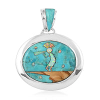 SANTA FE Style Kingman Turquoise and Lab Created Opal Kokopelli Pendant in Sterling Silver 4.25 ctw
