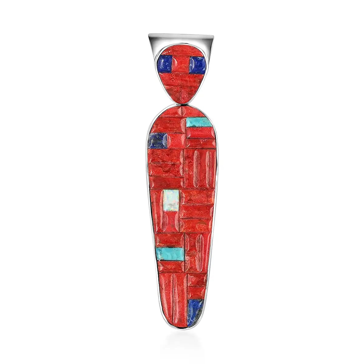 SANTA FE Style Plum Coral, Multi Gemstone Pueblo House Pendant in Sterling Silver (38 g) 21.25 ctw
