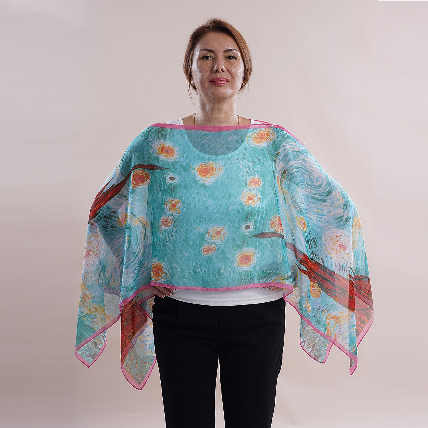 TLV All in One Turquoise Floral Brush Stroke Chiffon Tunic