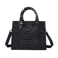 Black Crocodile Embossed Pattern Genuine Leather Crossbody Bag (11"x4"x9.5") with Hand Scarf Strap and Shoulder Strap