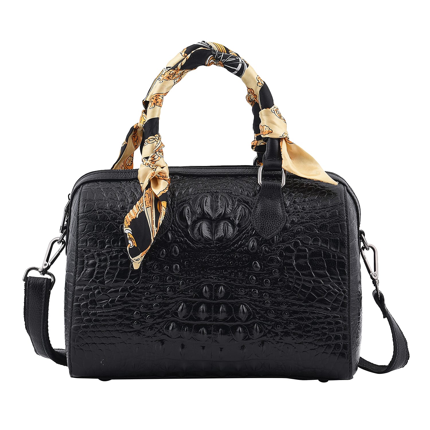 Black Crocodile Embossed Pattern Genuine Leather Crossbody Bag (11"x5"x9") with Hand Scarf Strap and Shoulder Strap