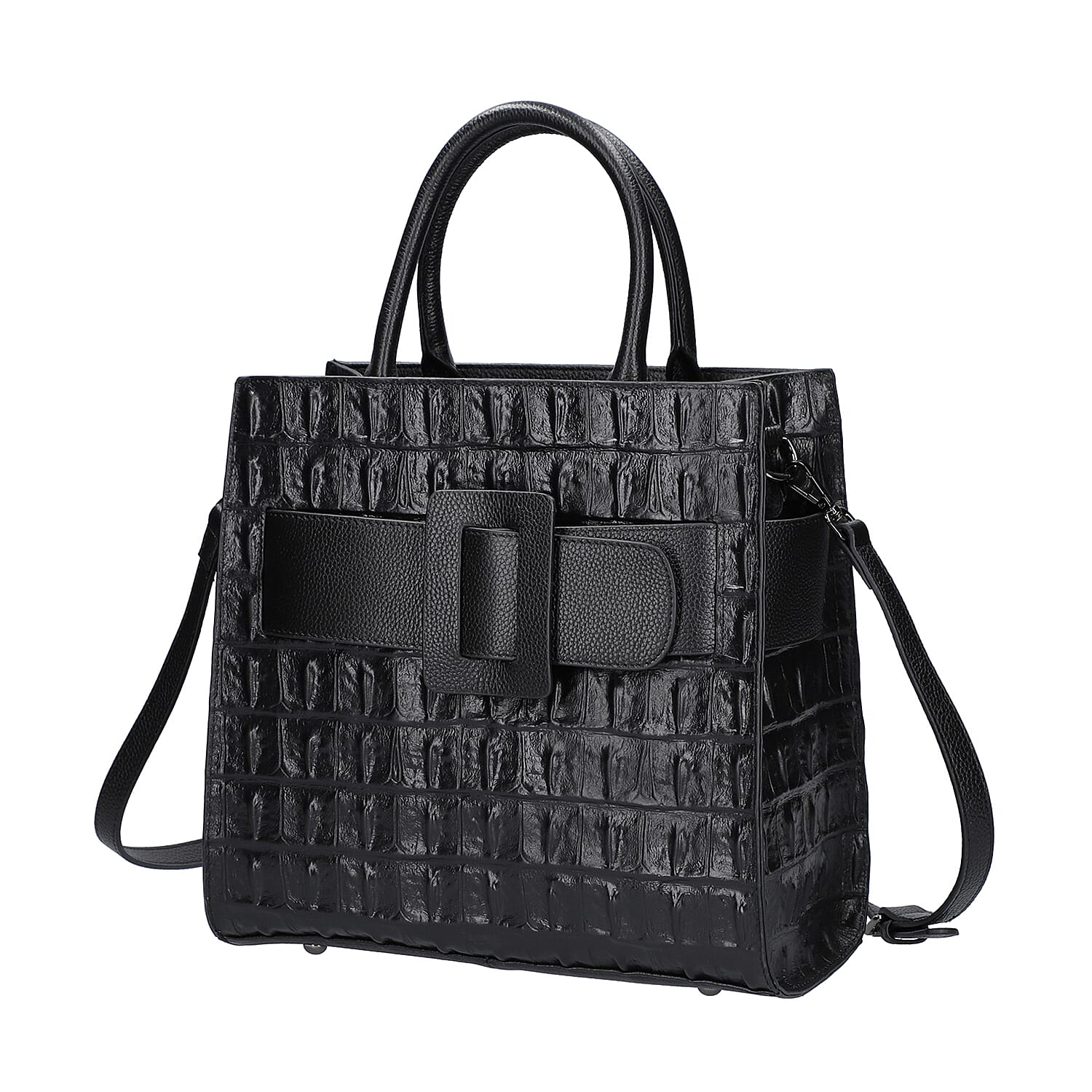 PASSAGE Black Crocodile Skin Pattern Genuine Leather Middle Size Tote Bag