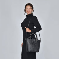 Black Embossed Crocodile Genuine Leather Tote Bag (9.84x4.75x11.02) with Shoulder Strap 53 Inches