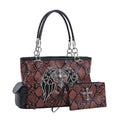 Set of 2 Brown Snake Skin Pattern Faux Leather Western Style Handbag (11.81"x5.5"x8") and Clutch Bag (8"x4.75") - Sticky add to cart bar