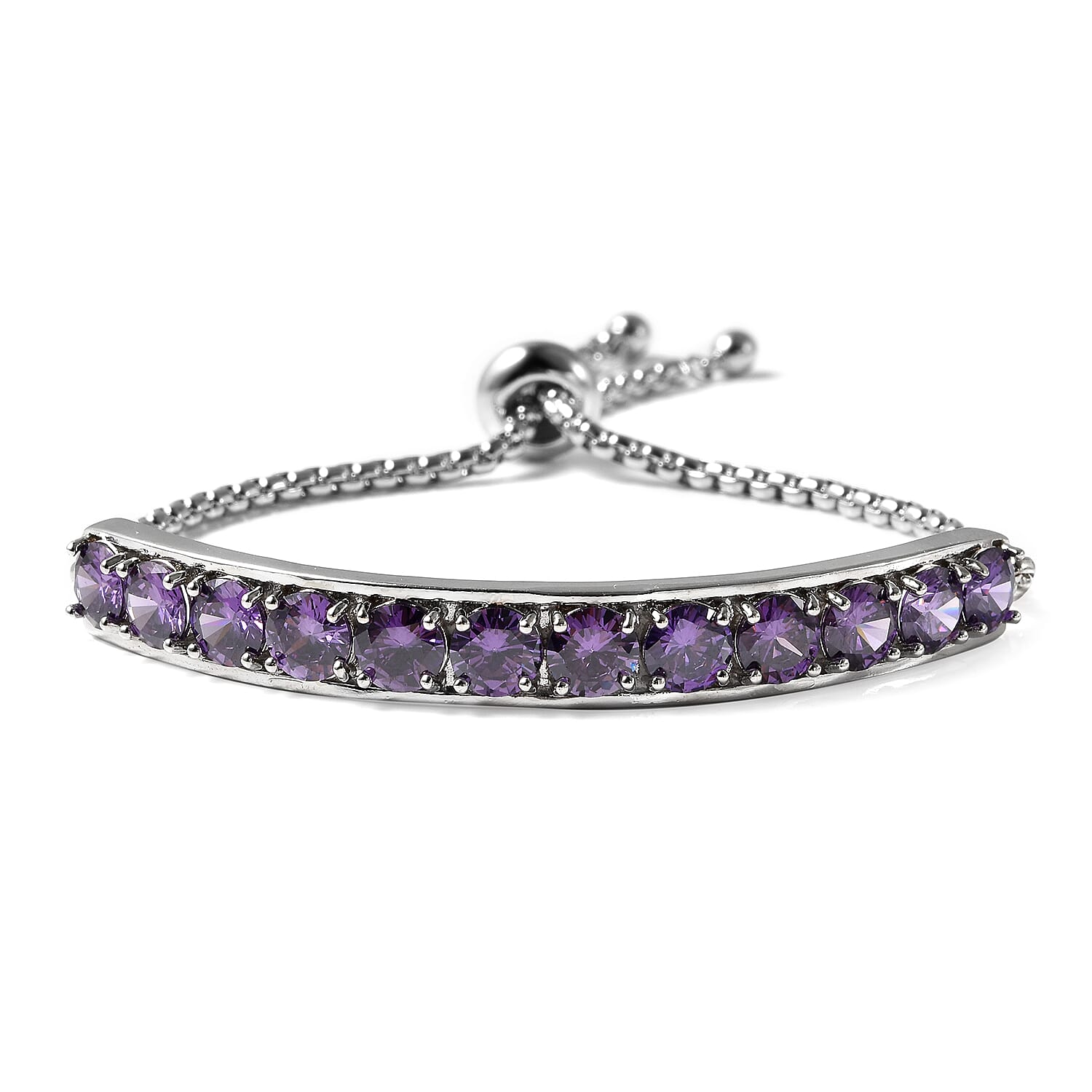 Simulated Amethyst Color Diamond Half Tennis Bolo Bracelet in Silvertone