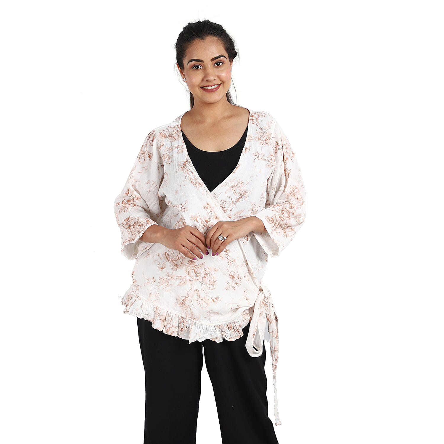 JOVIE Blue Floral Cotton Gauze Wrap Blouse with Frill Trim - One Size Missy (26.25"x23.5")