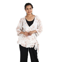 JOVIE Blue Floral Cotton Gauze Wrap Blouse with Frill Trim - One Size Missy (26.25"x23.5")