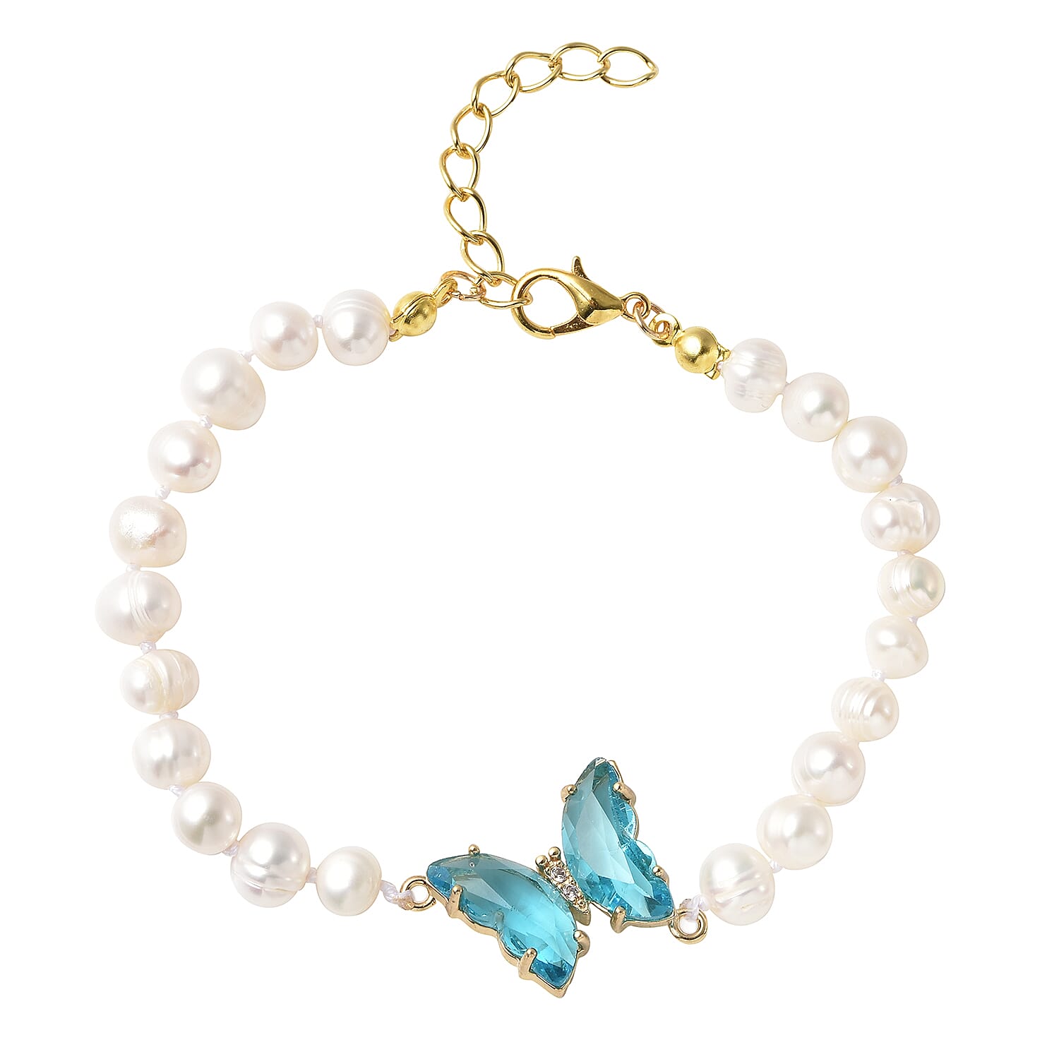 White Freshwater Cultured Pearl, Blue Glass, Austrian Crystal Butterfly Bracelet in Goldtone (7.50 In)