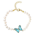 White Freshwater Cultured Pearl, Blue Glass, Austrian Crystal Butterfly Bracelet in Goldtone (7.50 In) - Sticky add to cart bar