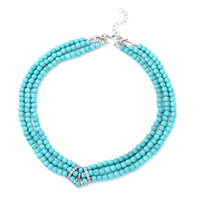 Blue Howlite and White Austrian Crystal Triple Row Beaded Necklace 18 Inches in Silvertone 287.50 ctw