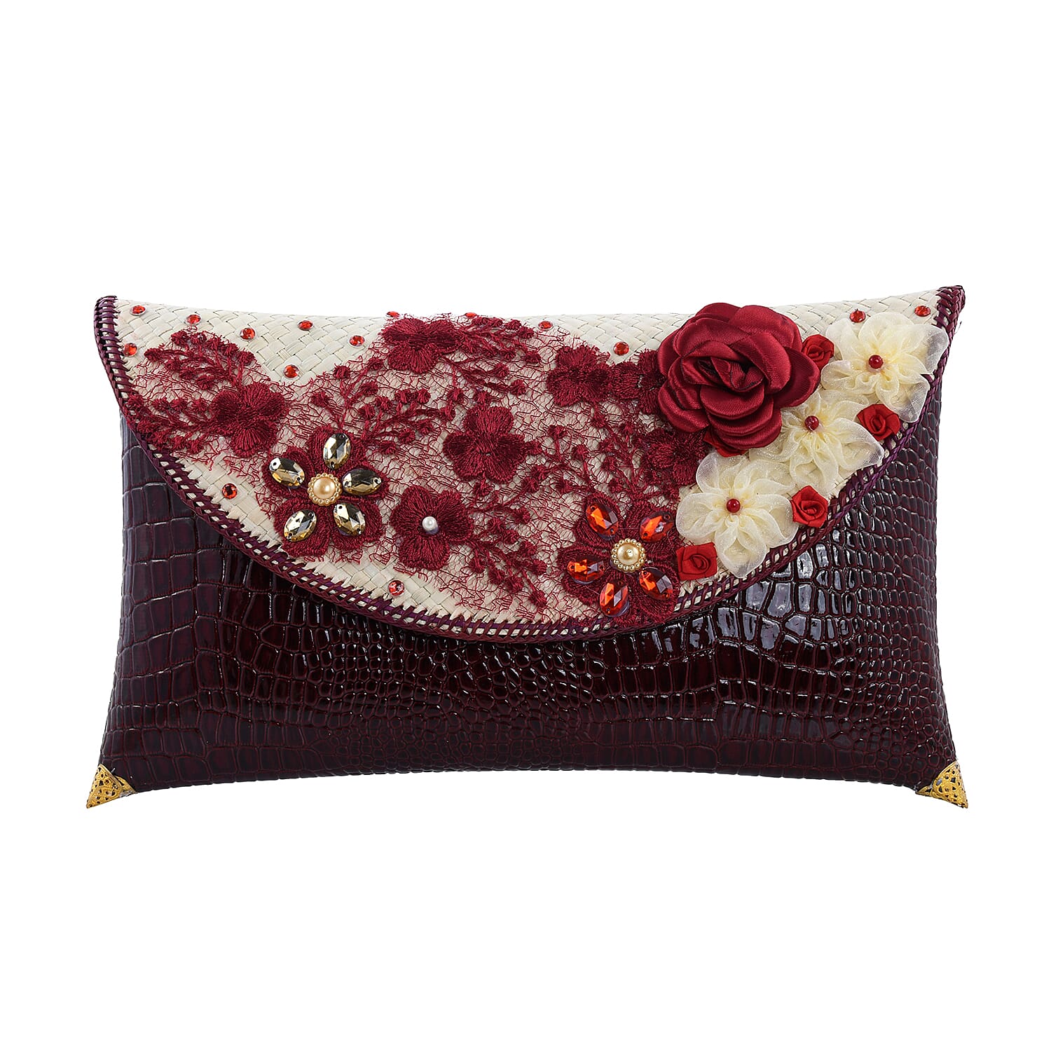 Handmade Red Eco Friendly Croco Embossed Pandan Woven Clutch (11.02"x1.97"x7.78")