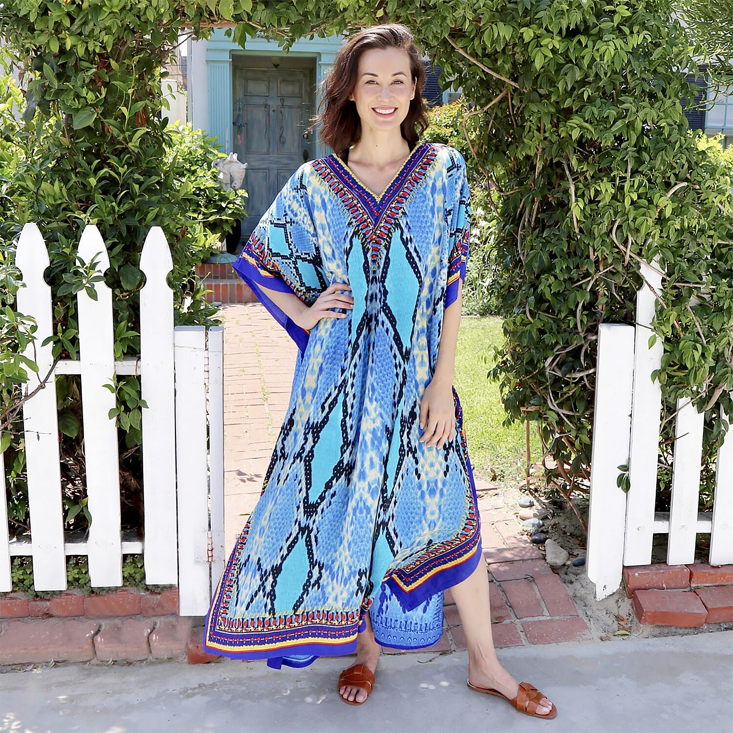 Winlar Blue Snakeskin Print V-Neck Long Microfiber Kaftan (One Size Fits Most)