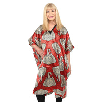 WINLAR Red Elephant Print V-Neck Short Satin Kaftan (One Size Fits Most)