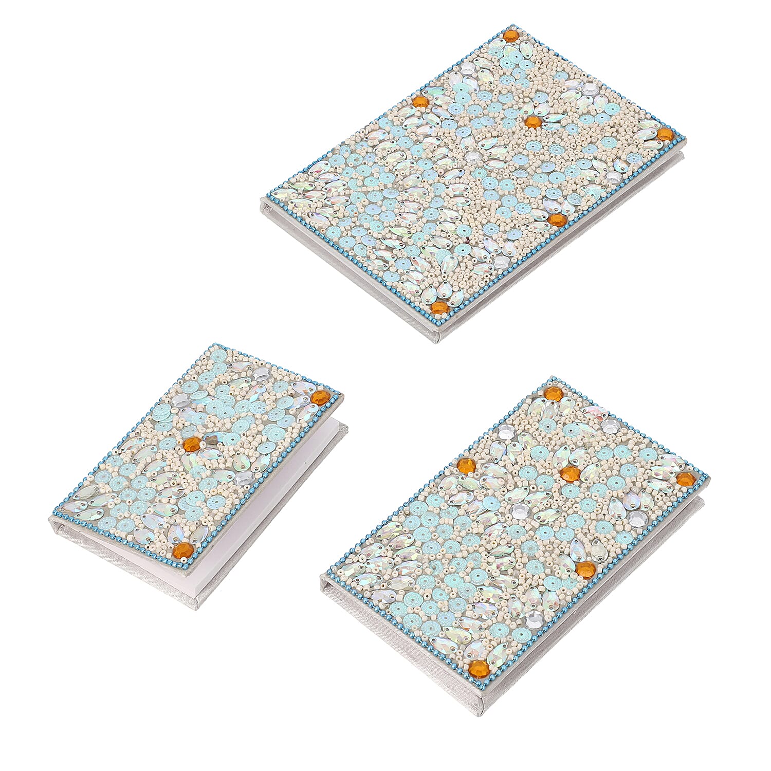 Set of 3 Cream & Blue Bedazzled Diary (7x5, 6x4, 3x5 in)