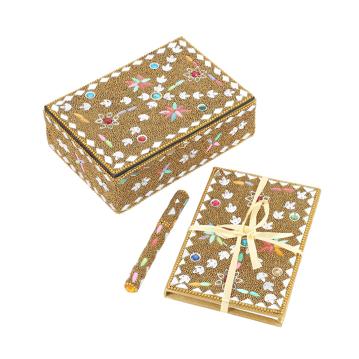 Blue Beaded Box with Paper Diary & Pen (6.5""x4.5")