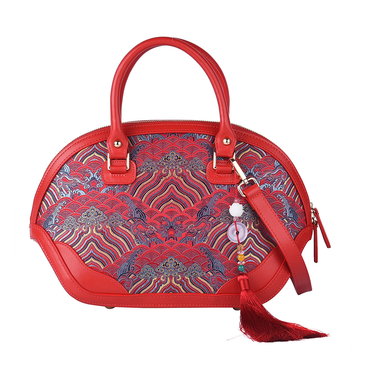 Red River Cliff Seawater Pattern Brocade Mulberry Silk with Genuine Leather Tote Bag (14"x9.06"x5.5") with Shoulder Strap