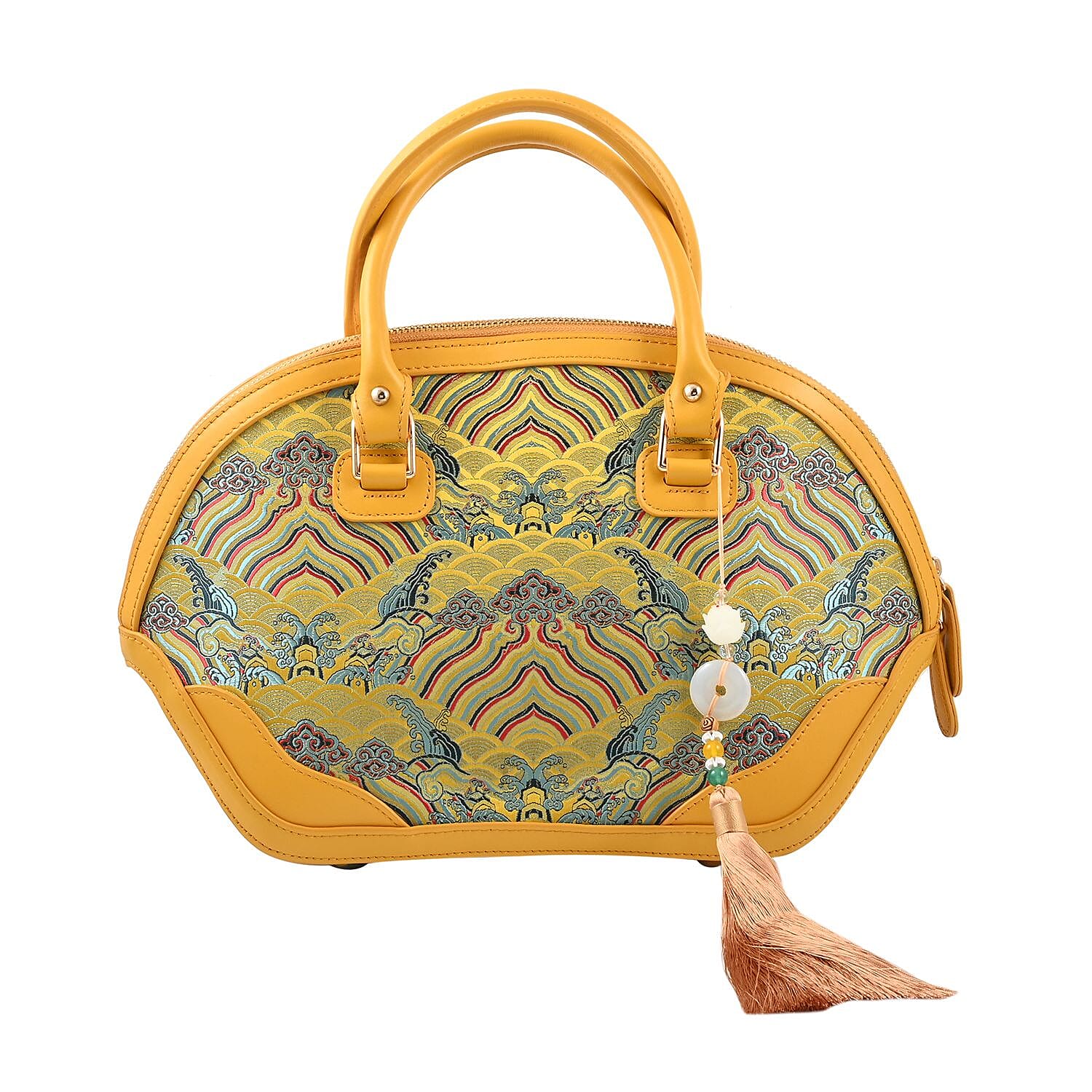 Red River Cliff Seawater Pattern Brocade Mulberry Silk with Genuine Leather Tote Bag (14"x9.06"x5.5") with Shoulder Strap
