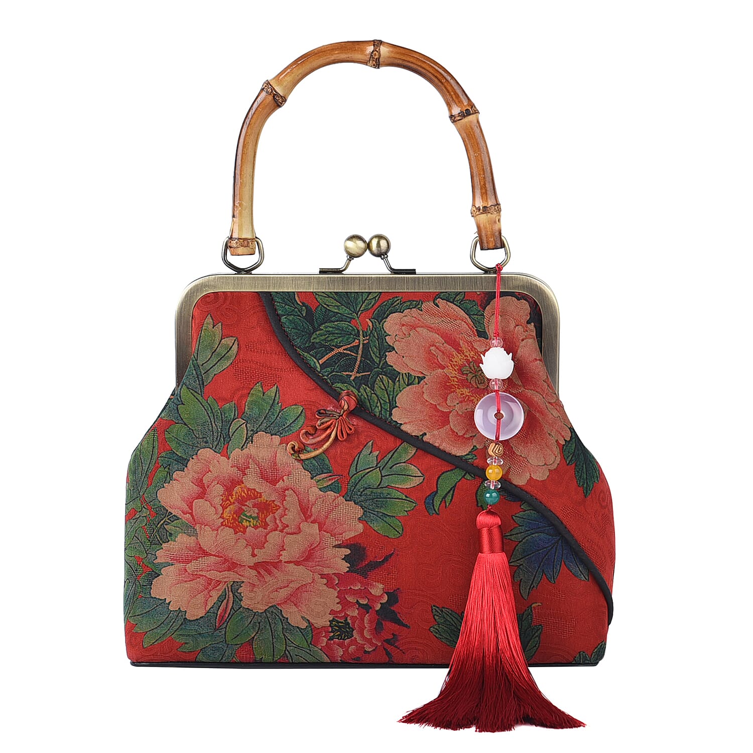 Red Peony Pattern Gambiered Canton Gauze with Genuine Leather Tote Bag with Bamboo Handle Drop