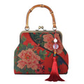 Red Peony Pattern Gambiered Canton Gauze with Genuine Leather Tote Bag with Bamboo Handle Drop - Sticky add to cart bar