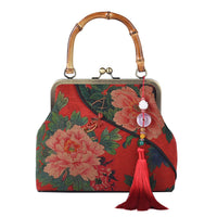 Red Peony Pattern Gambiered Canton Gauze with Genuine Leather Tote Bag with Bamboo Handle Drop