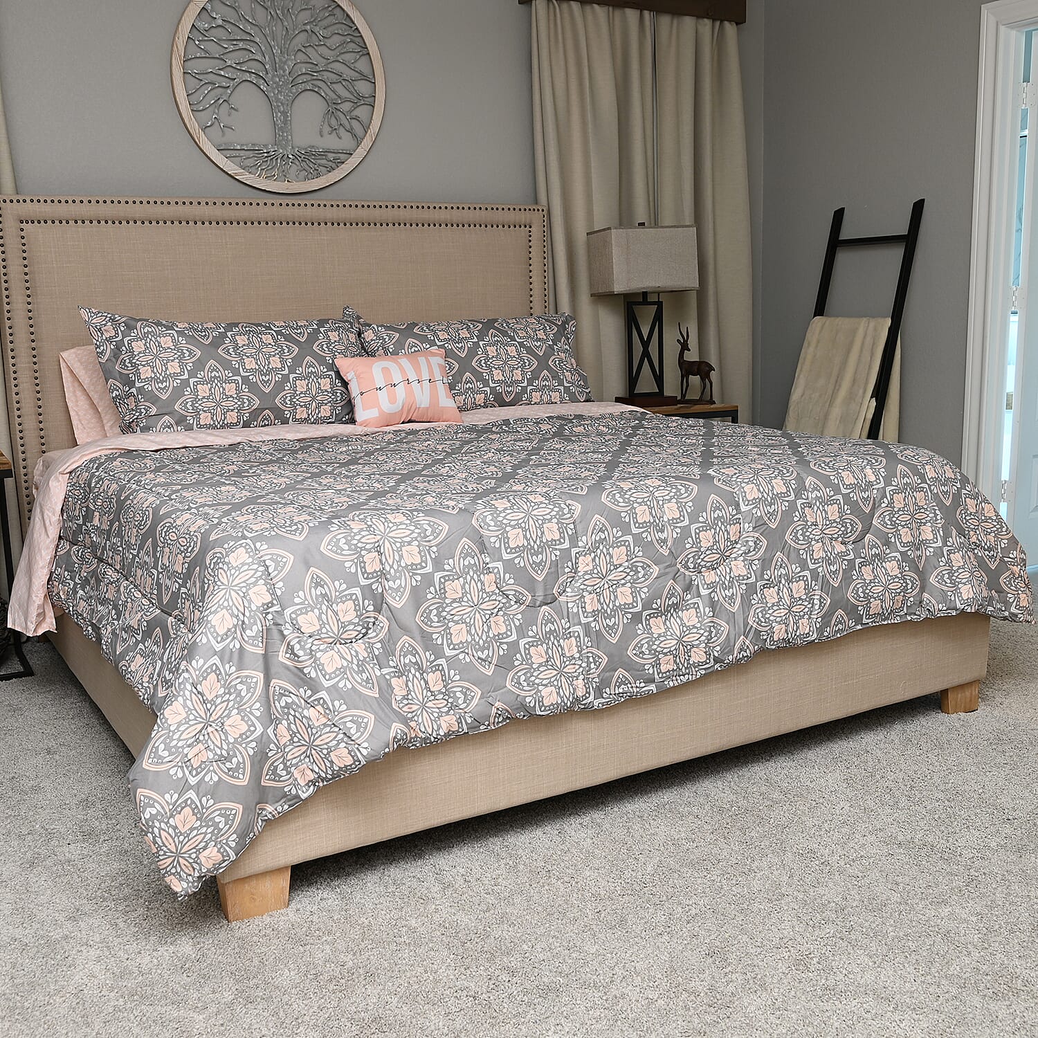BELLA HOME 6pc Grey Damask Comforter Set -Twin (100% Microfiber)