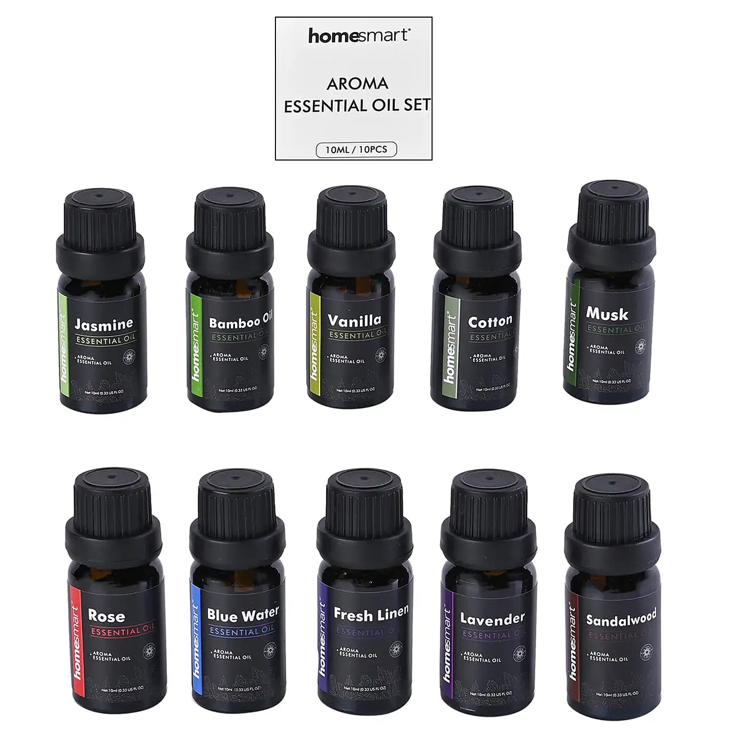 Set of 10 Essential Oil (Lavender, Vanilla, Rose, Blue Water, Jasmine, Sandalwood, Musk, Cotton, Fresh Linen, Bamboo Oil)