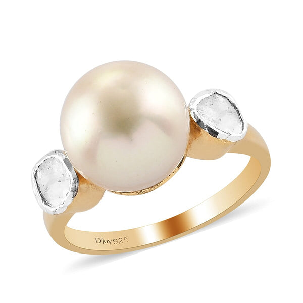 South Sea Golden Cultured Pearl 9-10 mm and Polki Diamond Ring in 14K Yellow Gold Over Sterling Silver (Size 5.0) 0.20 ctw - Product card gallery slide 1 (10176800620857)