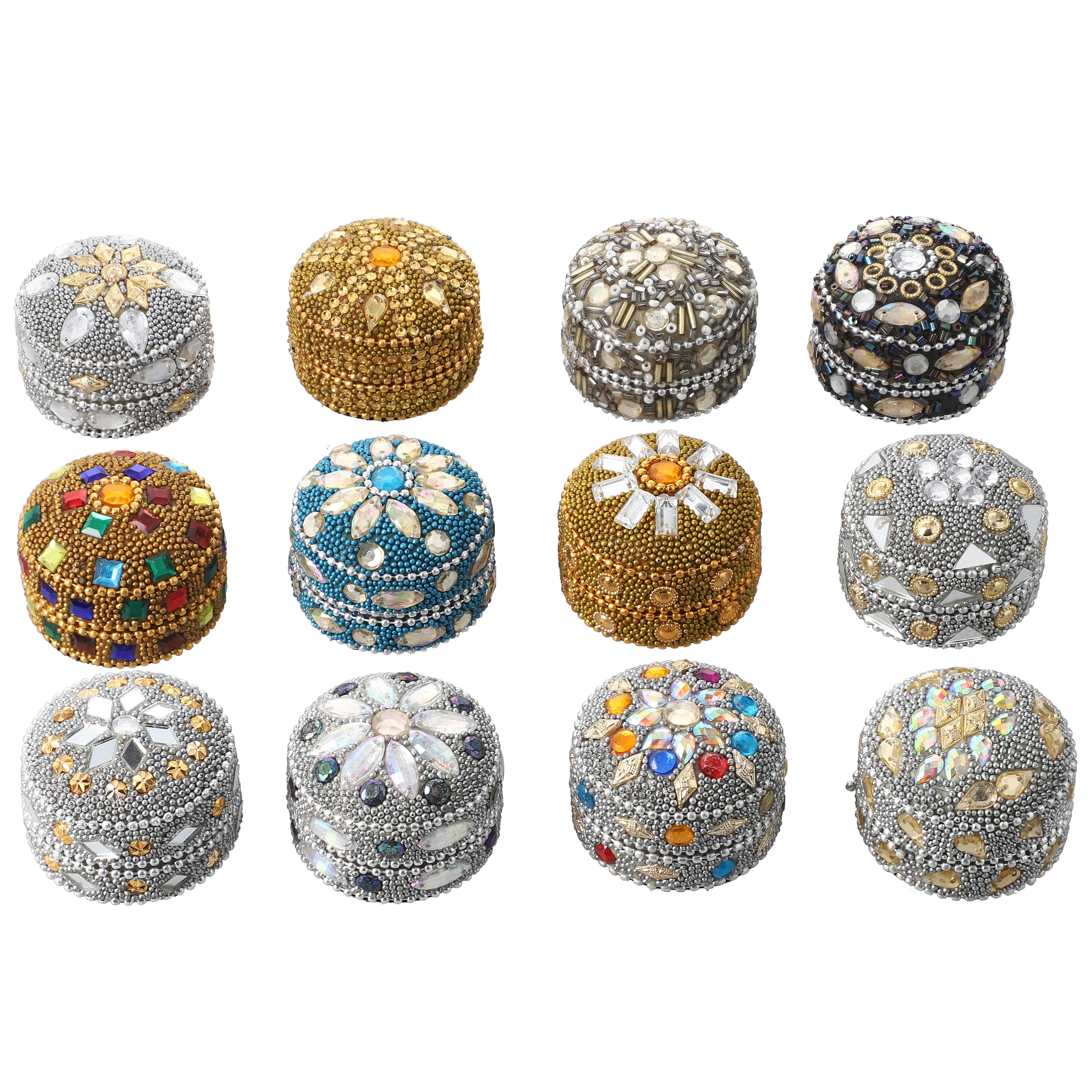Set of 12 Multi Color Aluminum Beaded Round Ring Boxes (1.5"x1.5")