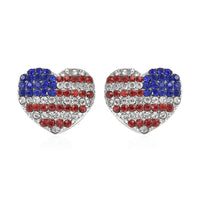 Multi Color Austrian Crystal and Enameled American Flag Pattern Heart Earrings in Silvertone