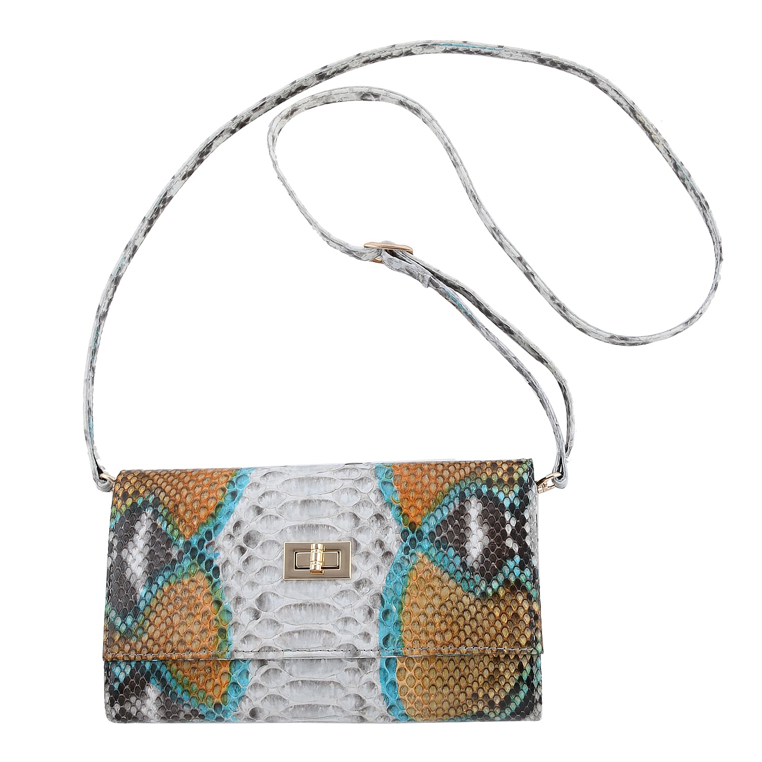 The Pelle Natural Python Collection Natural Python Leather Bi-Fold Flap Over Crossbody Wallet with Detachable Strap