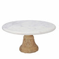White Handcrafted Marble Cake Stand with Carved Wood Stand - Sticky add to cart bar