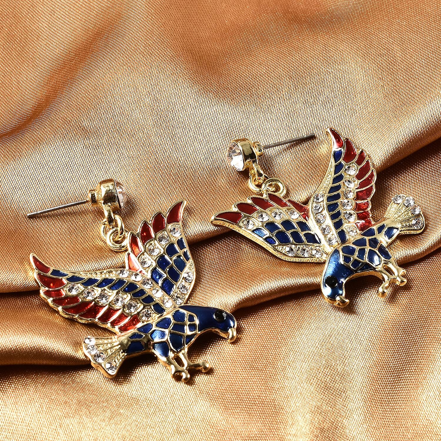 Black and White Austrian Crystal and Enameled Eagle Earrings in Goldtone