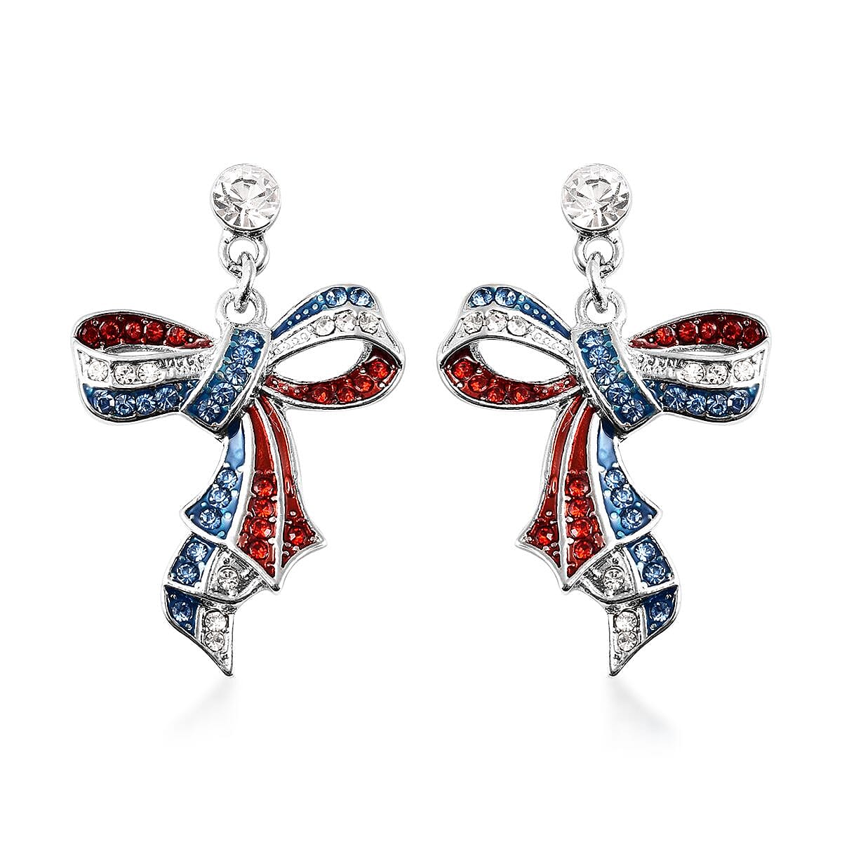 Multi Color Austrian Crystal and Enameled American Flag Pattern Ribbon Earrings in Silvertone