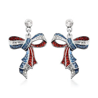Multi Color Austrian Crystal and Enameled American Flag Pattern Ribbon Earrings in Silvertone