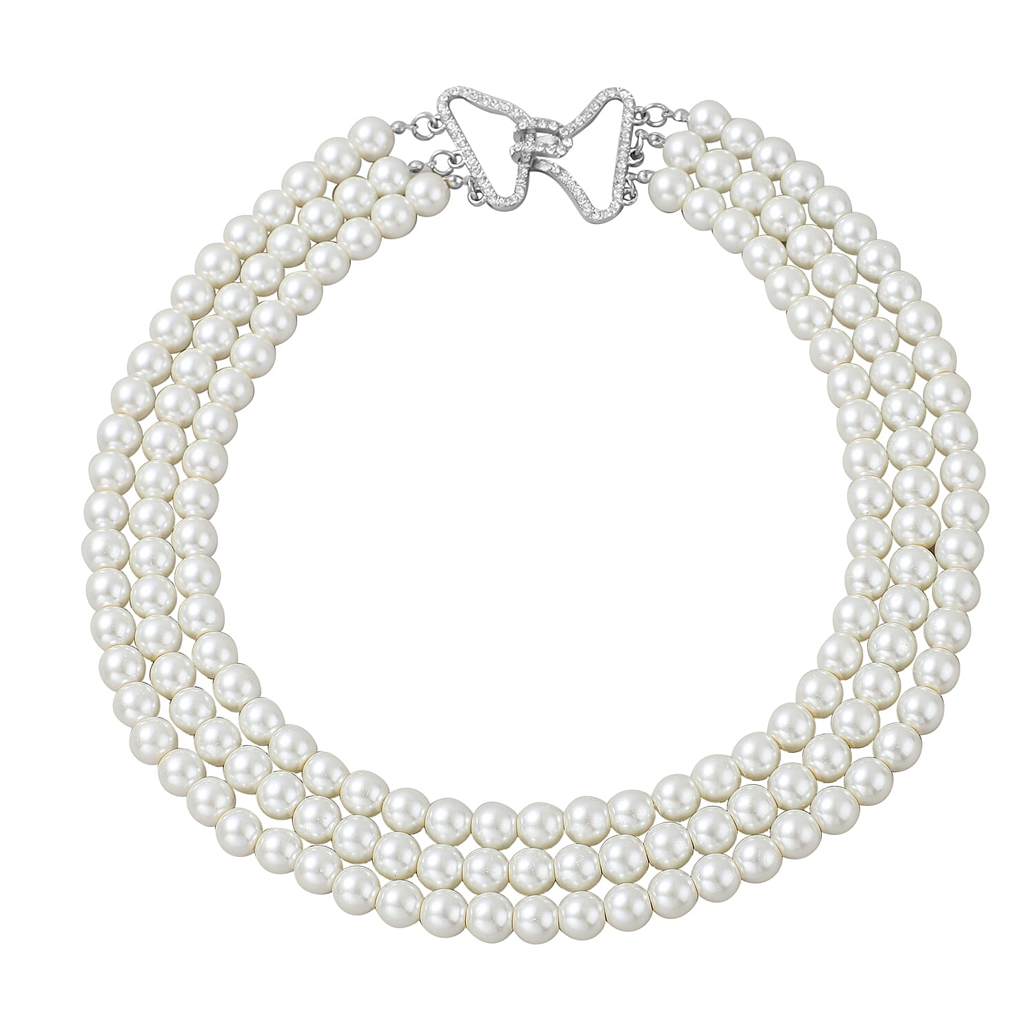 Simulated White Pearl and Austrian Crystal Triple Row Necklace 20 Inches in Silvertone