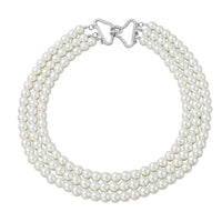 Simulated White Pearl and Austrian Crystal Triple Row Necklace 20 Inches in Silvertone