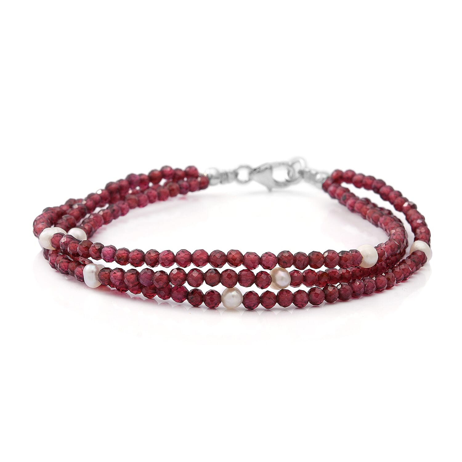 Mozambique Garnet Beaded, Pearl Bracelet in Sterling Silver (7.25 In) 25.00 ctw